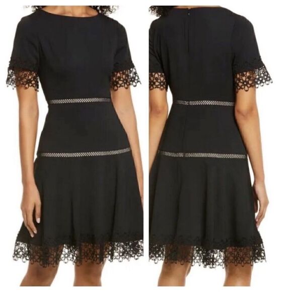 Shani Black Embroidered Lace Fit and Flare Crepe Cocktail Dress| Size 6 - Picture 1 of 10